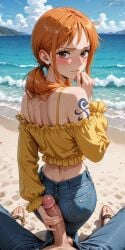 1boy 1girl ai_generated ass back bare_shoulders beach blue_pants blush brown_eyes closed_mouth cloud crop_top day denim erection flip-flops frilled_shirt frills from_behind hand_up handjob hetero jeans large_penis long_hair long_sleeves looking_at_viewer looking_back low_twintails midriff nami_(one_piece) ocean off-shoulder_shirt off_shoulder orange_eyes orange_hair outdoors pants penis pov pov_crotch sand sandals shirt shoulder_tattoo sky solo_focus standing tattoo testicles twintails uncensored veins veiny_penis water yellow_shirt