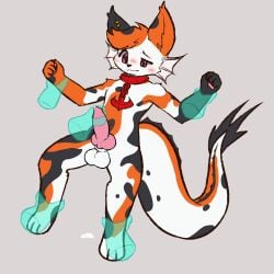 animated anthro balls blush bodily_fluids disembodied_hand flyinghighfox genital_fluids genitals hi_res hybrid knot knotted_penis kori_(saliron) male male_focus penis precum solo