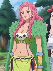 ai_generated animated animated_gif arms_around_waist big_breasts female_only french_kiss giant_female gif glasses jabbaman58 lesbian one_piece pink_hair ripley_(one_piece) tongue_kiss