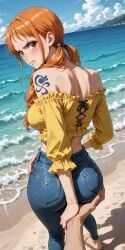 1boy 1girl ai_generated angry ass ass_grab back bare_shoulders beach blue_pants blue_sky blush breasts brown_eyes closed_mouth cloud crop_top day denim feet frilled_shirt frills from_behind hair_over_shoulder hetero huge_ass jeans large_breasts long_hair looking_at_viewer looking_back low_twintails medium_breasts midriff nami_(one_piece) ocean off-shoulder_shirt off_shoulder orange_hair outdoors pants patreon_username pov pov_hands sand sandals shirt shore shoulder_tattoo sky solo_focus standing tattoo toes twintails water web_address yellow_shirt