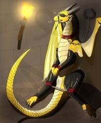 absurd_res bdsm blindfold bodily_fluids chain chain_leash chained_to_wall clothing collar cuff_(restraint) cum cum_in_mouth cum_in_vagina cum_inside cum_on_face dragon dungeon european_mythology female feral gag genital_fluids genitals hi_res latex latex_clothing latex_legwear leash legwear misterluk mythological_creature mythological_scalie mythology restraints ring_gag scalie sitting solo spreader_bar venom_(venomvee) vulva western_dragon yellow_body