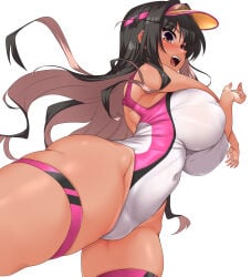 1girl black_hair black_one-piece_swimsuit breasts colored_inner_hair commentary_request competition_swimsuit covered_navel fang highres huge_breasts kantai_collection long_hair multicolored_hair multicolored_swimsuit naganami_(kantai_collection) one-piece_swimsuit open_mouth pink_hair pink_one-piece_swimsuit solo swimsuit tan teeth thigh_strap two-tone_hair upper_teeth_only very_long_hair visor_cap wavy_hair white_one-piece_swimsuit yellow_eyes yoshi_tama