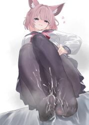 1girl animal_ear_fluff aramocyaillust black_pantyhose blue_archive blue_eyes blue_halo blue_sailor_collar blush commentary_request cum cum_on_body cum_on_feet cum_on_legs cum_on_legwear feet foot_focus from_below halo heart heart-shaped_pupils highres looking_at_viewer neckerchief niko_(blue_archive) no_shoes paid_reward_available panties panties_under_pantyhose pantyhose pink_hair pink_neckerchief pleated_skirt sailor_collar school_uniform serafuku shirt short_hair skirt solo symbol-shaped_pupils toes underwear upskirt white_shirt