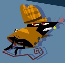 andromorph angry anthro black_body black_fur bound brown_clothing clothing coat digital_media_(artwork) footwear fur genitals gold_(metal) gold_tooth hands_behind_back hands_tied happy_tree_friends hat headgear headwear hi_res intersex mammal murid murine on_ground pink_nose pupils rat red_pupils rodent shoes solo spongestick594 the_rat_(htf) topwear vulva