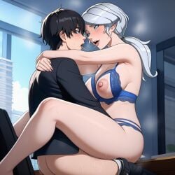 ai_generated crotchless_panties cupless_bra hugging medium_breasts milf older_female_and_younger_male original_character rwby saliva_trail steamy_breath sweating white_hair willow_schnee