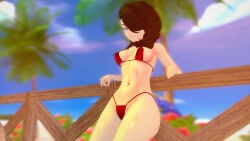 1girls amber_eyes bikini bikini_bottom bikini_top black_hair black_hair_female cinder_fall hair_over_one_eye half-dressed half_naked half_naked_female logang45 rwby solo_female