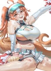 1girl :d absurdres ahoge arknights arm_up bandaid bandaid_on_knee bandaid_on_leg bare_legs bare_shoulders belly belt black_ribbon blush breasts cheerleader chinese_commentary cleavage commentary_request cute cy9 elbow_gloves fangs glasses gloves hair_ribbon head_tilt highres holding holding_pom_poms large_breasts large_tail long_hair looking_at_viewer midriff miniskirt multicolored_hair navel official_alternate_costume open_mouth open_smile orange_eyes orange_hair pleated_skirt plump plushie pointy_ears pom_pom_(cheerleading) pom_poms ribbon shiny_skin simple_background sitting skirt slit_pupils smile snake_girl snake_tail solo sweat tail teeth thick_tail twintails two-tone_hair upper_teeth_only very_long_tail visor_cap wariza white_background white_belt white_gloves white_hair white_skirt wulfenite_(arknights) wulfenite_(bouncing_rhythms)_(arknights)