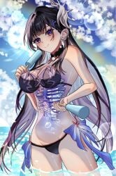 1girls bikini black_bikini black_hair black_swimsuit breasts female honkai:_star_rail honkai_(series) hoyoverse hysilens_(honkai:_star_rail) long_hair mihoyo partially_submerged purple_eyes solo swimsuit very_long_hair