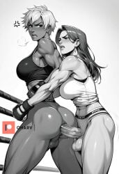 2futas ai_generated anal angry angry_sex big_ass big_breasts big_penis charv dark_skin futa_on_futa futa_only futanari greyscale interracial long_hair looking_back monochrome muscles short_hair tanktop white_skin wrestling wrestling_ring