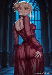 1girl 2026 ai_generated anime ass ass_grab bangs blonde_hair blunt_bangs boku_no_hero_academia boobs breasts buttocks cleavage covered_nipples crossover double_bun dress eye_contact fangs female female_focus from_behind grabbing_own_ass grin hair_bun hand_on_own_ass highres himiko_toga indoors inside long_sleeves looking_at_viewer looking_back medium_breasts messy_hair my_hero_academia narrowed_eyes night nsfw patreon patreon_username red_dress rognezart see-through smile smiling solo toga_himiko yellow_eyes