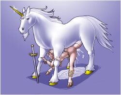 animal_genitalia animal_penis beastiality cum_inside cum_pool equine equine_penis interspecies mythological_equine mythology paladin shia_(artist) sword unicorn unicorn_horn white_horse