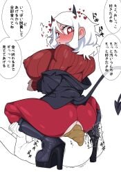 1girl 1girls 2_horns ambiguous_gender big_breasts big_butt black_clothing black_footwear black_horn blush boots breasts butt clothed clothing crouching demon demon_humanoid dialogue duo facesitting feces female female_humanoid footwear hair heart_eyes heart_symbol high_heel_shoes high_heeled_boots high_heels horn horned_humanoid huge_breasts human humanoid japanese_text looking_back male male/female mammal modeus_(helltaker) nipple_outline nipples not_furry on_top pooping red_clothing red_eyes scat scatplay shitting shitting_on_face shitting_on_person shoes simple_background sitting_on_another sitting_on_person spade_tail speech_bubble sweater tail text topwear white_background white_hair