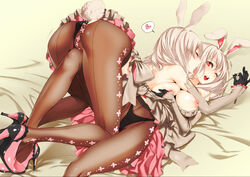 2girls animal_ears ass bed bow breast_grab breasts bunny_ears censored dress gloves hige_(hige2) nipples original panties pantyhose pussy red_eyes tail underwear wink yuri