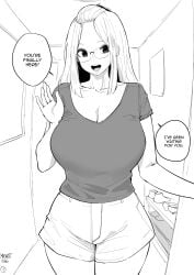 1girl artist_name bangs_pinned_back breasts casual cleavage cowboy_shot curvy english_text glasses greyscale hair_pulled_back highres indoors inne_sulistya_robin large_breasts legs_together long_hair looking_at_viewer monochrome norman_maggot oiv original shirt short_shorts shorts speech_bubble standing t-shirt