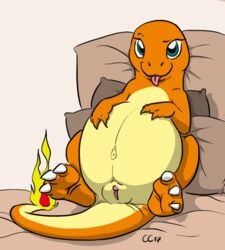 2017 belly big_belly causationcorrelation charmander clitoris digital_media_(artwork) female feral looking_at_viewer navel nintendo pillow pokémon_(species) pokemon pregnant pussy reclining sitting solo spread_legs spreading tongue tongue_out video_games