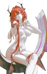 1girls arknights black_horns breasts completely_nude crossed_legs cutting_hair feet_out_of_frame hair_between_eyes holding holding_own_hair horns iumu long_hair looking_at_viewer navel nipples nude parted_lips purple_eyes scissors simple_background sitting solo stomach surtr_(arknights) thighs very_long_hair white_background
