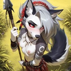 ai_generated blushing blushing_at_viewer boobs grass_field loona_(helluva_boss) shark_tooth_necklace spear tribal_clothing tribal_headdress tribal_tattoo wrist_wraps