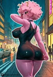 1girls ai_generated ass_focus big_ass big_breasts black_dress boku_no_hero_academia erect_nipples floresai huge_ass huge_breasts looking_at_viewer mina_ashido narrow_waist naughty_face patreon patreon_url patreon_username round_ass round_butt teasing thick_thighs wide_hips