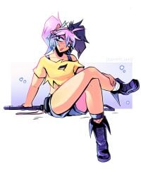 assassin bedroom_eyes boots crop_top crossed_legs denim_shorts femboy femboy_only feminine_male gun legs looking_at_viewer multicolored_hair pigtails purple_hair sammyjam shorts sitting thighs woomi_(sammyjam)