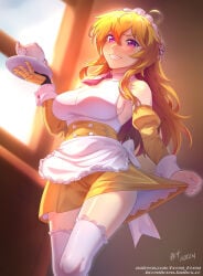 1girls blonde_female blonde_hair clothed_female hocen long_hair long_hair_female maid maid_apron maid_headdress maid_outfit maid_uniform purple_eyes robotic_arm rwby solo_female yang_xiao_long
