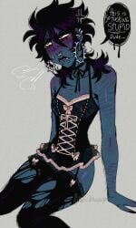 1girls alternate_costume ashamed black_eyeshadow black_hair black_lipstick blue_skin blush blush_lines blushing blushing_female clothed clothing ear_ring earrings embarassed embarassed_female emo fangs female female_only flat_chest flat_chested goth goth_girl hoop_earrings insult insulting_viewer laniidaeee look_outside maid_apron maid_outfit maid_uniform makeup mocking pierced_ear pierced_ears pierced_lip pierced_nipples pierced_nose piercing ripped_clothing ripped_pantyhose ripped_stockings scar scars self_harm_scars shy skinny skinny_female skinny_girl small_breasts small_tits socks tear tearing_up tears tears_in_eyes text thigh_highs thighs xaria_(look_outside)