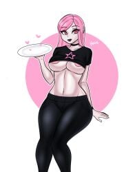 1girls areola_slip black_choker black_crop_top black_lips black_lipstick black_pants choker cleavage crop_top fortnite fortnite:_battle_royale haze_(fortnite) heart hearts kinathefox large_breasts leggings looking_at_viewer pink_background pink_circle pink_hair pink_nipples pink_star red_eyes seductive_smile simple_background slim_waist solo star_(symbol) star_print thick_thighs tight_clothing tight_pants underboob undersized_clothes white_plate wide_hips