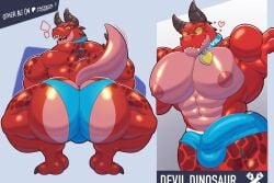 abs anthro balls barazoku biceps big_butt big_muscles big_pecs bubble_butt bulge butt clothing collar darkpolari deltoids devil_dinosaur_(moon_girl_and_devil_dinosaur) genitals heart_symbol hi_res looking_at_viewer male marvel marvel_rivals moon_girl_and_devil_dinosaur muscular muscular_anthro muscular_arms muscular_male muscular_thighs nipples pecs penis simple_background smile solo tail underwear
