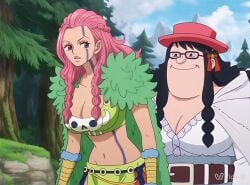 ai_generated animated animated_gif arms_around_waist big_breasts female_only french_kiss giant_female gif glasses jabbaman58 lesbian one_piece pink_hair ripley_(one_piece) tongue_kiss