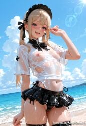 1girl :d ai_generated bangs beach black_ribbon black_thighhighs blonde_hair blue_eyes blue_sky blush bow breasts cameltoe cloud covered_navel cowboy_shot day dead_or_alive fang hair_ribbon highleg kermixx lens_flare leotard long_hair looking_at_viewer marie_rose medium_breasts nipples ocean open_mouth outdoors ribbon see-through shiny_skin shirt short_sleeves skirt sky smile solo swimsuit thighhighs torn_clothes twintails water wet wet_clothes
