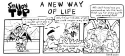 2boys anal_sex angry anthro anthro_on_anthro big_sub clothed clothing comic dialogue english_text erection gay inviting inviting_to_sex looking_pleasured male male/male male_only muscular muscular_male nervous penetration penis sex size_difference small_dom_big_sub smaller_male spedumon tail text warrior wings