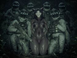 absurd_res anthro areola biped black_hair bone breasts canid canine clothed clothing female group gun hair hi_res holding_object holding_weapon huge_filesize human jaeger3d looking_at_viewer male male_human mammal military military_uniform navel nipples nude ranged_weapon scp-1471 scp-1471-a scp-1471-a_(da.nilkaz) scp_foundation skull skull_head thick_thighs uniform weapon
