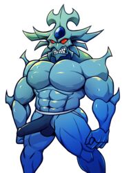 abs biceps blush bulge clenched_teeth clothing elfein erection erection_under_clothes male male_focus male_only monster muscular no_humans obelisk_the_tormentor pecs red_eyes solo sweat teeth yu-gi-oh!