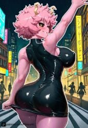 1girls ai_generated ass_focus big_ass big_breasts black_dress boku_no_hero_academia erect_nipples floresai huge_ass huge_breasts looking_at_viewer mina_ashido narrow_waist naughty_face patreon patreon_url patreon_username round_ass round_butt teasing thick_thighs wide_hips