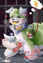 ahegao animal_genitalia animal_penis anthro arms_tied_behind_back balls bdsm blue_body blue_fur blush breath canid canine canine_genitalia canine_penis canis disembodied_foot domestic_dog ejaculation erection eye_roll feet floppy_ears flower_necklace flower_on_ear folded_ears foot_fetish foot_on_penis foot_play fur genitals green_body green_fur hands_behind_back happy heart_symbol heterochromia hi_res kemono kneeling looking_pleasured male mammal nude penis prison shaking signature solo three-quarter_view tongue tongue_out white_body white_fur yellow_tongue zuoyi996