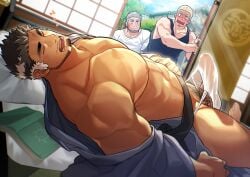 3boys abs aroused_nosebleed bara barefoot beard black_shirt black_tank_top blood blush bulge closed_eyes closed_mouth commentary_request de_la_fere_(gyee) drooling erection erection_under_clothes facial_hair fundoshi gozu_farm gyee highres japanese_clothes kimono looking_at_another male_focus miles_(gyee) mouth_drool multicolored_hair multiple_boys muscular muscular_male nipples nosebleed open_clothes open_kimono open_mouth pectorals shirt shouji sleeping sleeveless sleeveless_shirt sliding_doors sweatdrop takashi_(gyee) tank_top testicles white_shirt zzz