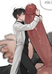 2boys balls clothed clothing erect_penis erection femboy gay giant_male hugging_penis kim_dokja light-skinned_male light_skin macro male male_only micro omniscient_reader's_viewpoint penis precum size_difference taotaille testicles trap yaoi yoo_joonghyuk