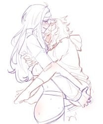 2girls blush carrying carrying_person closed_eyes commentary_request dildo doki_doki_literature_club grabbing_another's_ass groping hood hoodie long_hair medium_hair monochrome multiple_girls natsuki_(doki_doki_literature_club) parted_lips pockiseisont sex sex_toy smile spanish_commentary standing standing_sex strap-on sweat two_side_up vaginal yuri yuri_(doki_doki_literature_club)