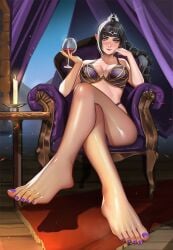 1girls ai_generated baldur's_gate_3 black_hair blush circlet crossed_legs dungeons_and_dragons elf_female feet green_eyes hayesgens holding_object indoors lingerie looking_at_viewer painted_toenails pointy_ears scar shadowheart sitting solo tent toes