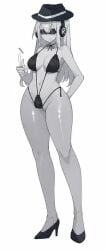 ai ai_art ai_generated bikini chance_(forsaken) coin forsaken_(roblox) g-string glasses gray_hair gray_skin hat headphones non-binary robloxian