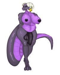 anthro big_breasts big_penis black_body breasts desidia_esuries dragon genitals green_eyes gynomorph hands_behind_back hi_res horn huge_breasts huge_penis intersex jewelry jjh28_x mythological_creature mythological_scalie mythology penis purple_body scalie slightly_chubby solo tail