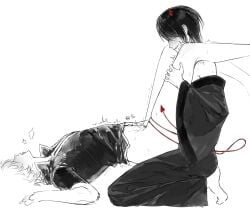 2boys anal anal_sex blush bodily_fluids bottomless demon_boy demon_horns demon_tail full_body gay genital_fluids gintama gintoki_sakata horns implied_anal incubus kimono kneeling legs_on_shoulders legs_over_partner's_shoulders legs_up male male_only monochrome no_visible_genitalia on_back profile side_view smile spot_color sweat tail takasugi_shinsuke tongue_out wy3163561826160 yaoi