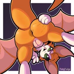 1:1 anthro anus bat big_butt border butt colored cute_fangs digital_media_(artwork) dust:_an_elysian_tail eyelashes fairyfudge fangs female female_anthro fidget_(elysian_tail) floating_eyebrows genitals gesture green_eyes hand_gesture hand_on_butt hi_res mammal membrane_(anatomy) membranous_wings nimbat open_mouth open_smile orange_body outline plump_labia presenting presenting_hindquarters shaded signature smile solo spread_butt spreading teeth upside_down v_sign vulva white_border wings