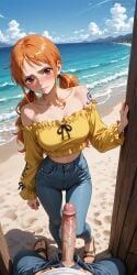 1boy 1girl ai_generated bare_shoulders beach blue_pants blue_sky blush breasts brown_eyes closed_mouth cloud collarbone crop_top cropped_shirt day denim erection feet flip-flops frilled_shirt full_body hetero jeans large_breasts large_penis long_hair long_sleeves looking_at_viewer midriff nami_(one_piece) ocean off-shoulder_shirt off_shoulder open_door orange_hair outdoors pants penis pov pov_crotch pov_doorway sand sandals shirt shoulder_tattoo sky solo_focus standing tattoo toenails toes twintails uncensored veins veiny_penis water white_shirt yellow_shirt