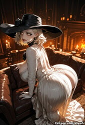 1girl ai_assisted ai_generated ass bandages blonde_hair breasts candle cleavage cosplay curvaceous curvy curvy_female curvy_figure dress earrings female gloves grace_ashcroft halloween hat indoors jewelry large_breasts lips looking_at_viewer looking_back miyuai mole parted_lips resident_evil resident_evil_9:_requiem short_hair sitting smile solo stool thick thick_ass thick_butt thick_hips thick_legs thick_thighs voluptuous voluptuous_female watermark web_address wide_hips wide_thighs witch witch_hat