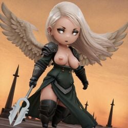 1girls 4k ai_generated angel angel_wings avacyn bident boots bravely_default_(series) breasts breasts_out chibi crossover ear_piercing eyeshadow gauntlets magic_the_gathering nipple_piercing nipples pauldrons piercing psul self_upload solo stable_diffusion style_crossover white_eyes white_hair