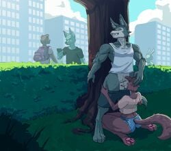 absurd_res anthro balls beastars bottomwear bottomwear_down brown_body brown_fur canid canine canis clothed clothing duo fellatio female fur genitals hi_res juno_(beastars) kneeling kohei_(artist) legoshi_(beastars) male mammal muscular muscular_male oral park partially_clothed pawpads penile penis public public_sex sex shorts shorts_down wolf