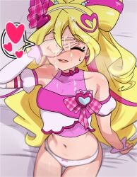 1girl arm_strap arm_up blonde_hair breasts cameltoe choker closed_eyes collarbone covering_own_eyes cum cum_on_body cure_idol detached_sleeves drill_hair facial hair_ornament hairband heart heart_hair_ornament hetero kimi_to_idol_precure long_hair magical_girl midriff navel panties pink_choker pink_shirt precure sakura_uta_(precure) shirt sirukusou sitting small_breasts smile solo spoken_heart sweatdrop underwear very_long_hair wavy_hair white_hairband white_panties wrist_cuffs