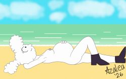 16:10 beach belly big_belly breasts cartoon_network cloud cloudy_jay digital_media_(artwork) female flamingazalea hi_res humanoid nipples nude nude_beach outside pregnant regular_show sand sea seaside sky solo water white_body widescreen