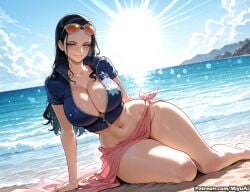 1girl ai_assisted ai_generated arm_support bangs barefoot beach bikini black_hair blue_eyes blush breasts cleavage collarbone curvaceous curvy curvy_female curvy_figure day eyewear_on_head female hair_slicked_back huge_breasts long_hair looking_at_viewer miyuai navel nico_robin ocean one-piece_swimsuit outdoors sand shirt short_sleeves skirt sky smile solo sunglasses thick thick_ass thick_butt thick_hips thick_legs thick_thighs thighs toned voluptuous voluptuous_female water watermark wide_hips wide_thighs yokozuwari