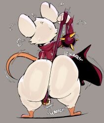 anthro big_butt bodily_fluids butt clothing coat english_text female fur huge_butt kkoart mammal mina_(mina_the_hollower) mina_the_hollower murid murine onomatopoeia rat rodent scratching solo sound_effects sweat text thick_thighs topwear weapon whip white_body white_fur wide_hips yacht_club_games
